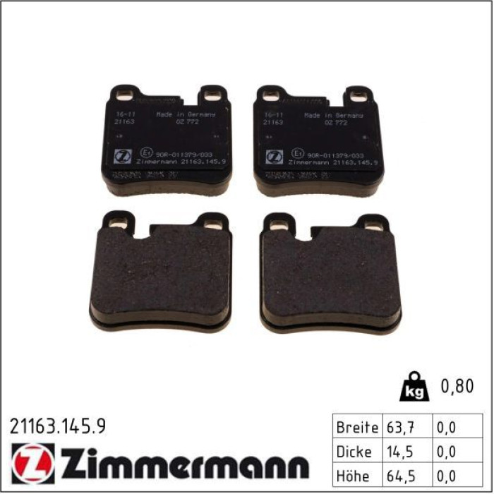 Zimmermann 21163.145.9 Bremsbelagsatz, Scheibenbremse pb:z