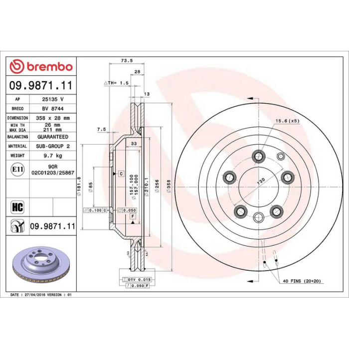 Brembo 09.9871.11 Bremsscheibe PRIME LINE - UV Coated
