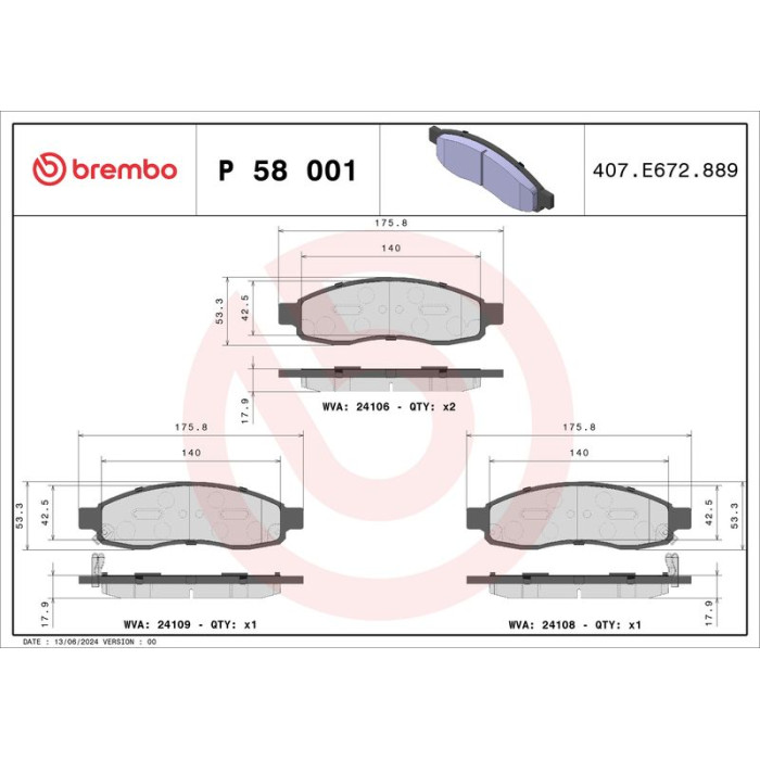 Brembo P 58 001 Bremsbelagsatz, Scheibenbremse PRIME LINE