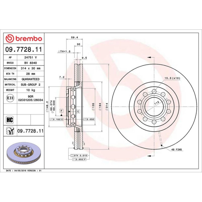 Brembo 09.7728.11 Bremsscheibe PRIME LINE - UV Coated Brembo 09.7728.11 Bremsscheibe PRIME LINE - UV Coated