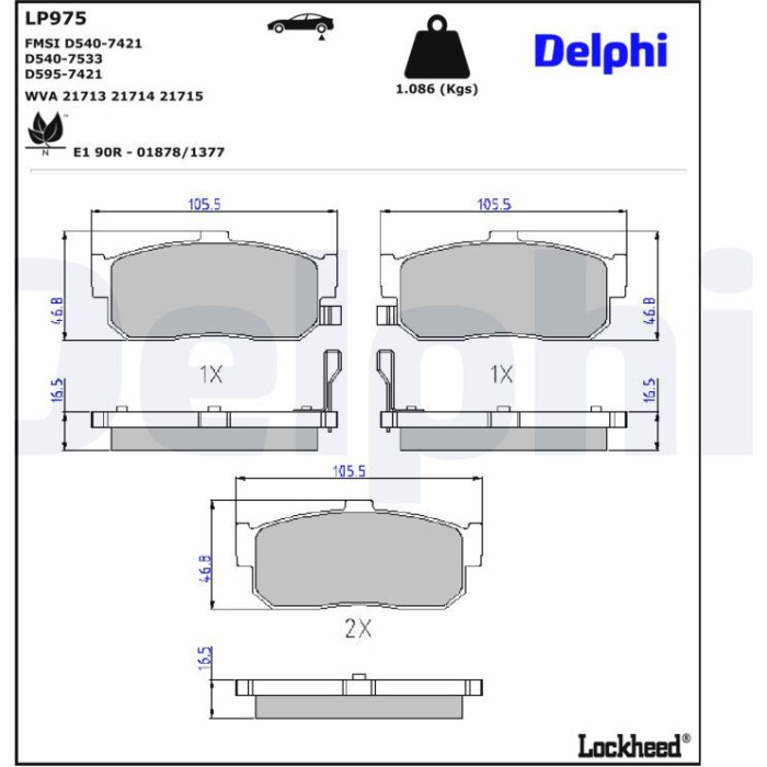Delphi LP975 Bremsbelagsatz, Scheibenbremse Delphi LP975 Bremsbelagsatz, Scheibenbremse