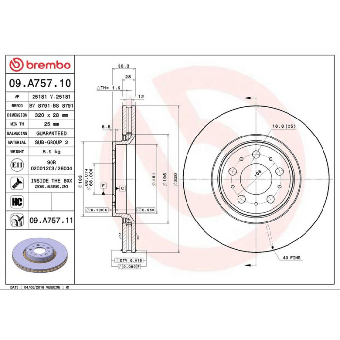Brembo 09.A757.11 Bremsscheibe PRIME LINE - UV Coated Brembo 09.A757.11 Bremsscheibe PRIME LINE - UV Coated