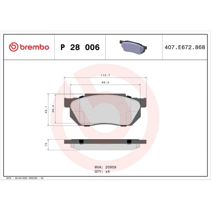 Brembo P 28 006 Bremsbelagsatz, Scheibenbremse PRIME LINE