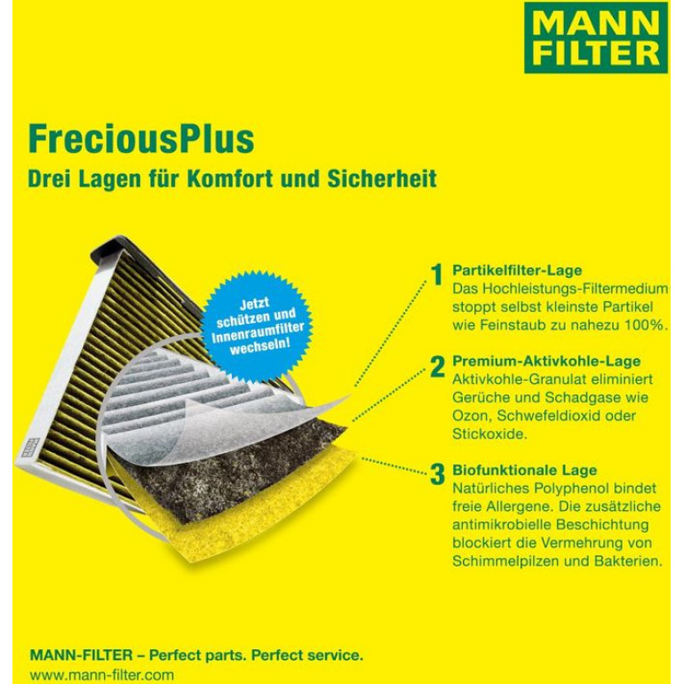 MANN-FILTER FP 29 005 Innenraumfilter FreciousPlus Aktivkohlefilter mit Polyphenol, antibakteriell, Feinstaubfilter (PM 2.5)