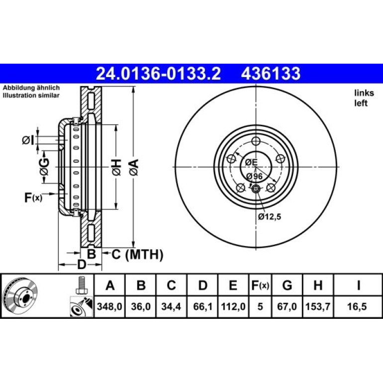 ATE 24.0136-0133.2 Bremsscheibe Ø348mm, 5x112,0, Verbundbremsscheibe, Belüftet, beschichtet, hochgekohlt ATE 24.0136-0133.2 Bremsscheibe Ø348mm, 5x112,0, Verbundbremsscheibe, Belüftet, beschichtet, hochgekohlt