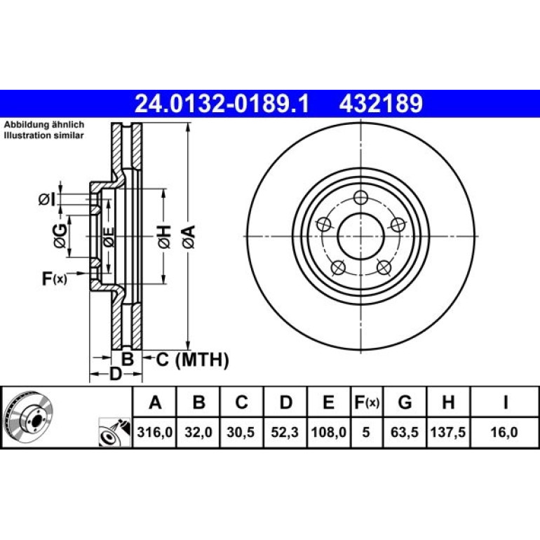 ATE 24.0132-0189.1 Bremsscheibe 316mm, 5x108,0, Belüftet, beschichtet ATE 24.0132-0189.1 Bremsscheibe 316mm, 5x108,0, Belüftet, beschichtet