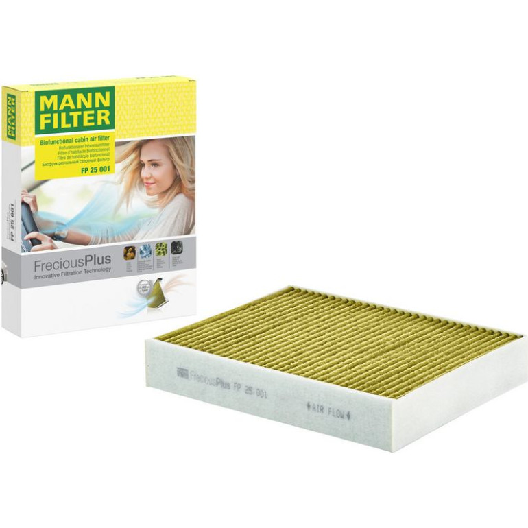 MANN-FILTER FP 25 001 Innenraumfilter FreciousPlus Aktivkohlefilter mit Polyphenol, antibakteriell, Feinstaubfilter (PM 2.5)
