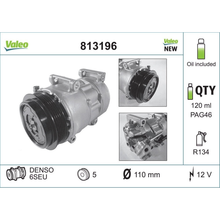 VALEO 813196 Klimakompressor 6SEU, 12V, PAG 46, R 134a, NEW ORIGINAL PART VALEO 813196 Klimakompressor 6SEU, 12V, PAG 46, R 134a, NEW ORIGINAL PART