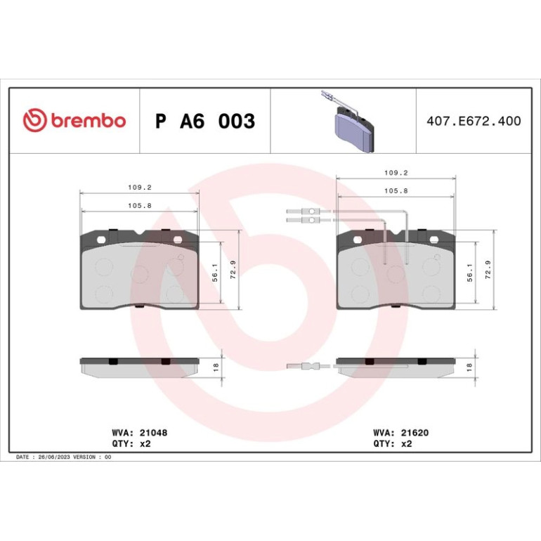 Bremsbelagsatz, Scheibenbremse P A6 003 Bremsbelagsatz, Scheibenbremse P A6 003