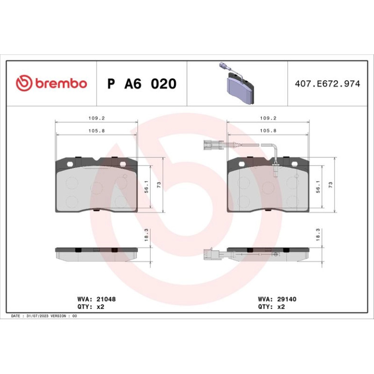 Bremsbelagsatz, Scheibenbremse P A6 020 Bremsbelagsatz, Scheibenbremse P A6 020