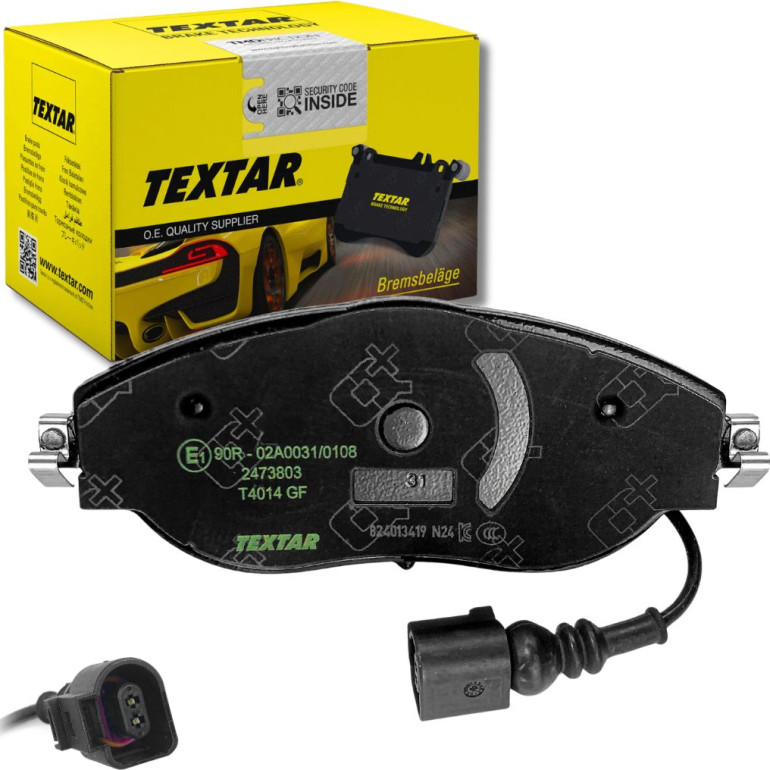 TEXTAR 2473803 Bremsbeläge mit integriertem Verschleißwarnkontakt, mit Bremssattelschrauben TEXTAR 2473803 Bremsbeläge mit integriertem Verschleißwarnkontakt, mit Bremssattelschrauben