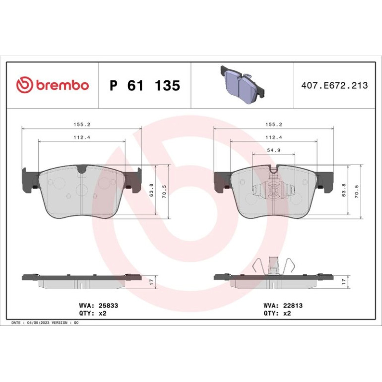 Bremsbelagsatz, Scheibenbremse P 61 135 Bremsbelagsatz, Scheibenbremse P 61 135