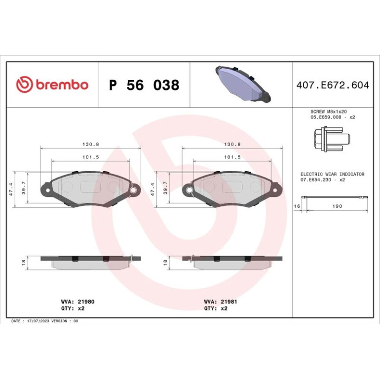 Bremsbelagsatz, Scheibenbremse P 56 038 Bremsbelagsatz, Scheibenbremse P 56 038