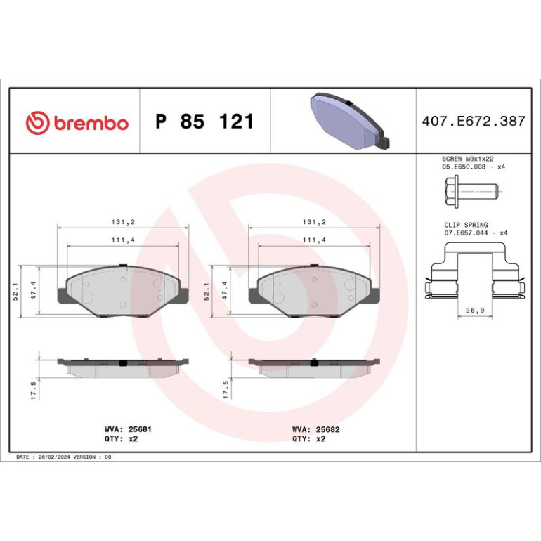 Bremsbelagsatz, Scheibenbremse P 85 121 Bremsbelagsatz, Scheibenbremse P 85 121
