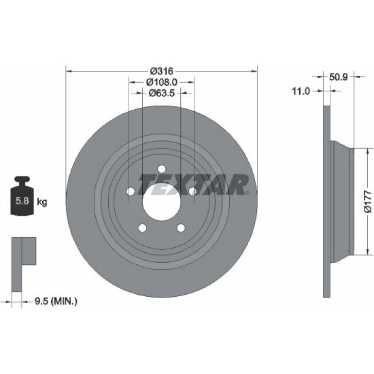 TEXTAR 92292503 Bremsscheibe für FORD KUGA, MONDEO 316x11mm, 05/05x108, voll, beschichtet