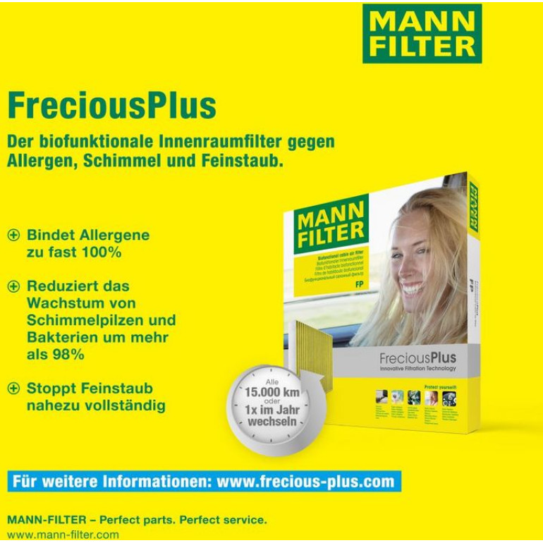 MANN-FILTER FP 26 028-2 Innenraumfilter FreciousPlus Aktivkohlefilter mit Polyphenol, antibakteriell, Feinstaubfilter (PM 2.5)
