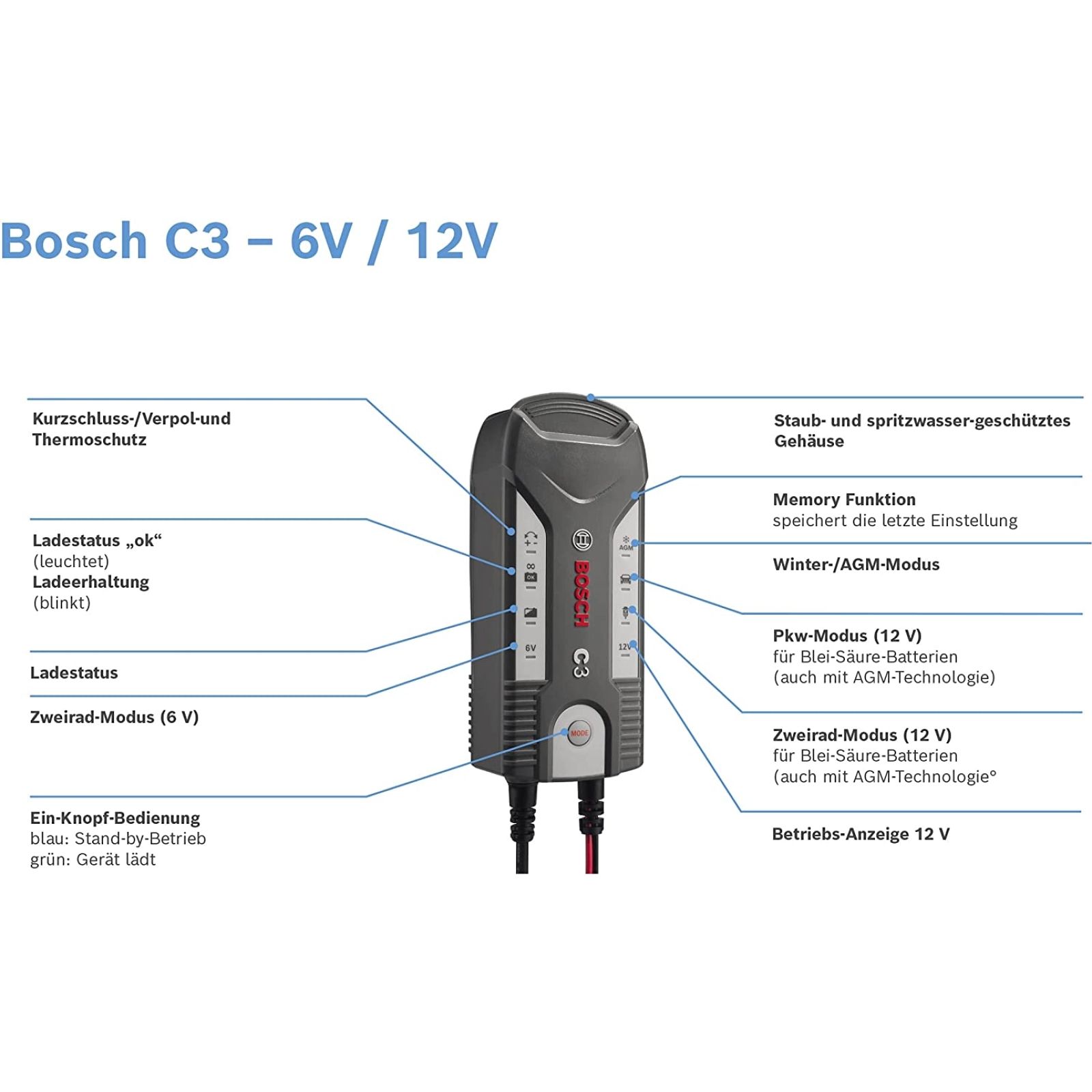 Bosch C3 automatisches Batterieladegerät 6V-12V 3.8A für Blei, EFB,  AGM-Batterien