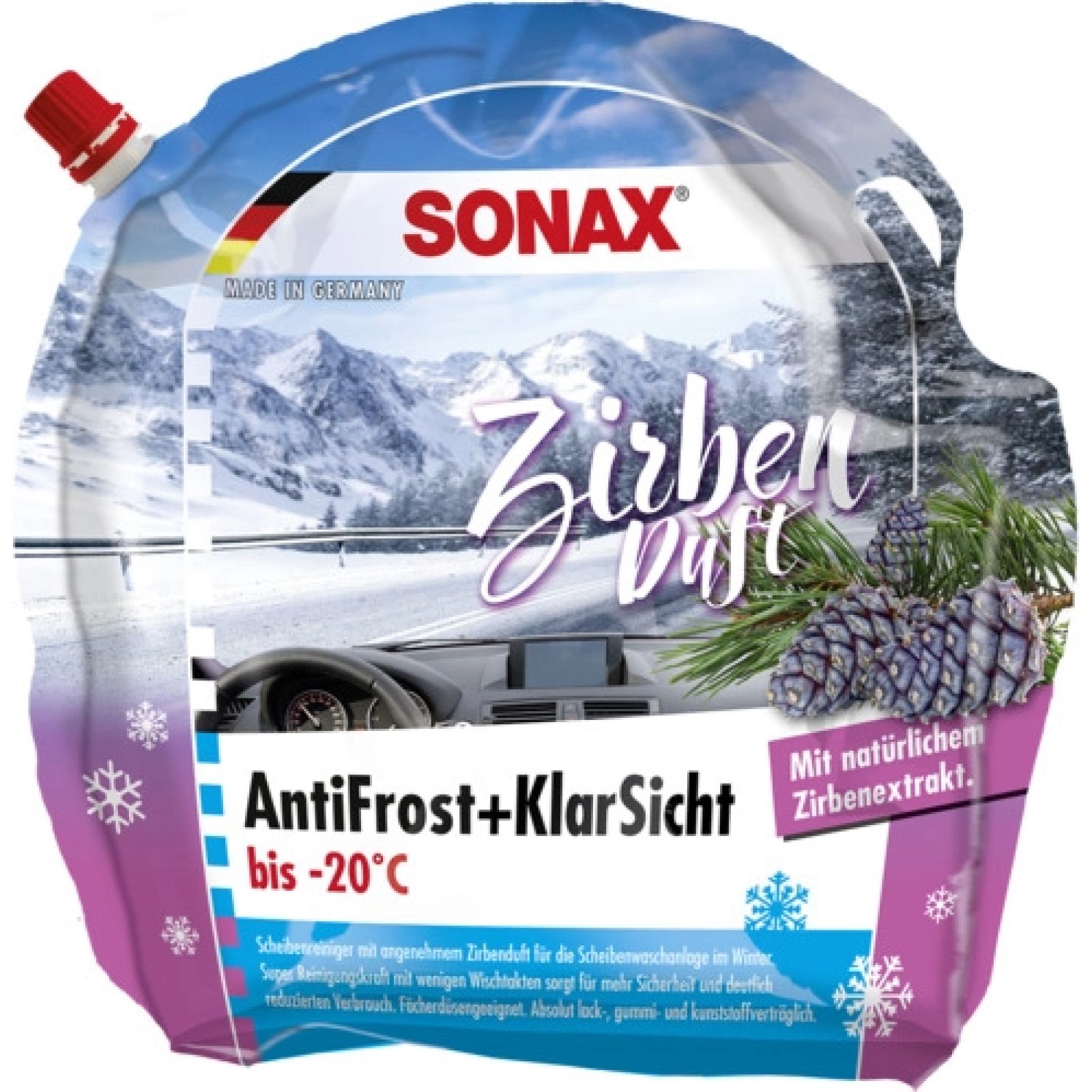 SONAX, Frostschutz, Scheibenreinigungsanlage, Antifrost&KlarSicht bis  -20°C Zirbe, AntiFrost+KlarSicht